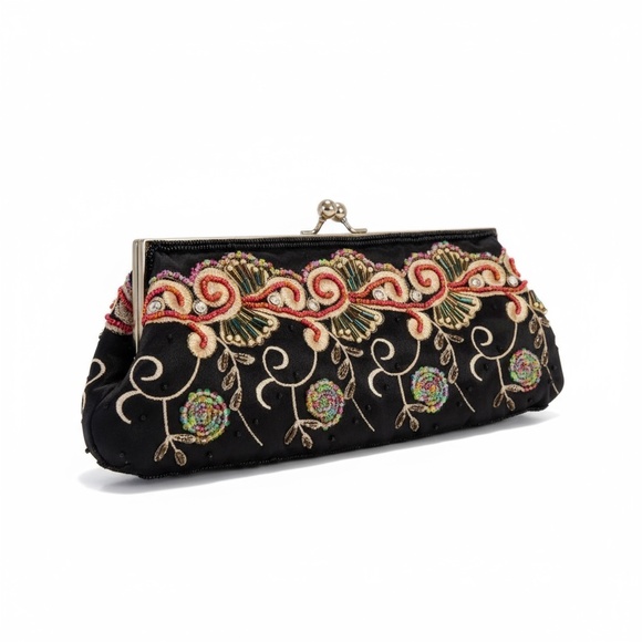 Aldo Beaded Floral Satin Evening Bag Embroidered 2 Removable Chain Straps - Picture 7 of 11